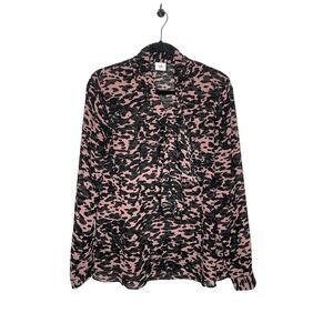 Cabi Pink Black Camo Neck Tie Long Sleeve Sheer Blouse Size Medium